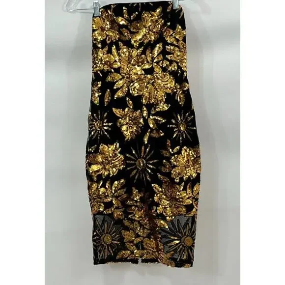 MILLY Sz 0 XS Kait Dress Gold Black Sequin Holiday Nights Strapless Midi - Picture 2 of 11